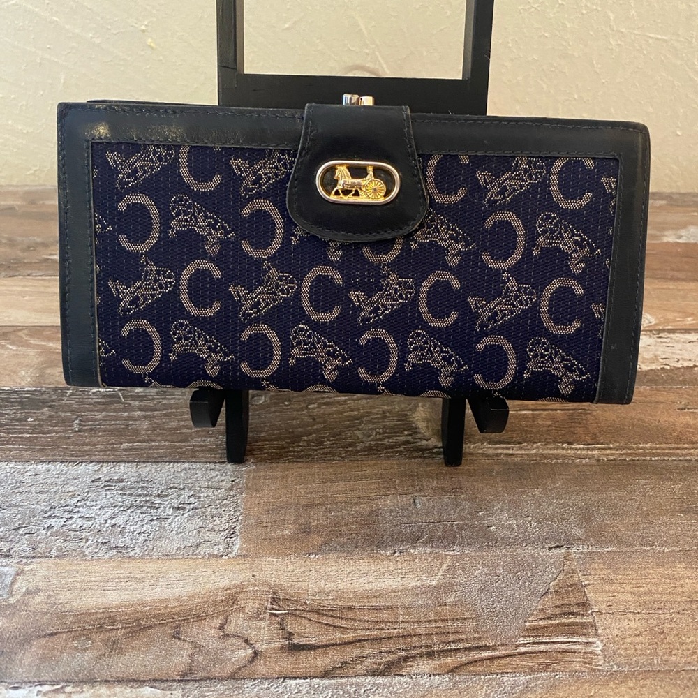 VINTAGE CELINE Bifold Long Wallet Gold Horse Carriage C Macadam Navy/Black